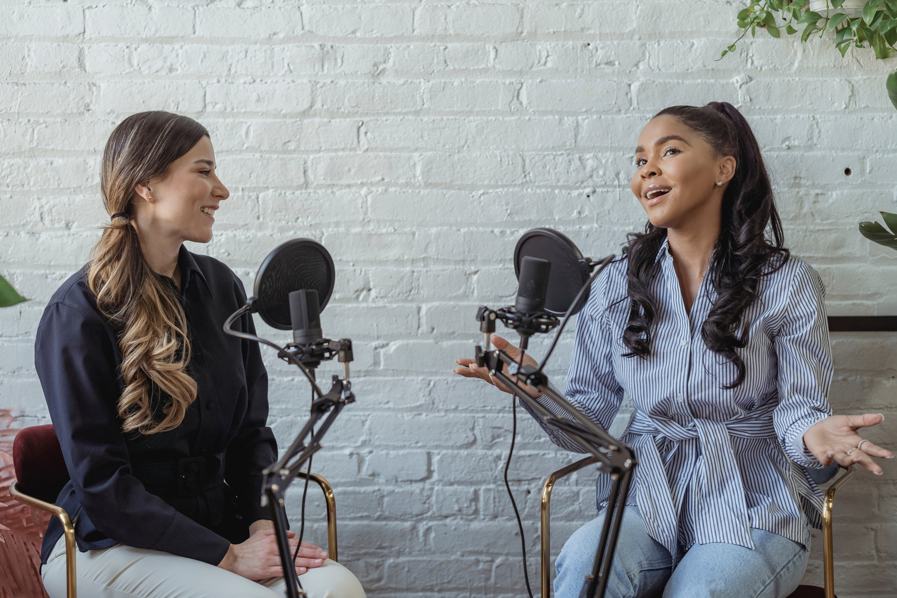 Positive black woman talking to radio host